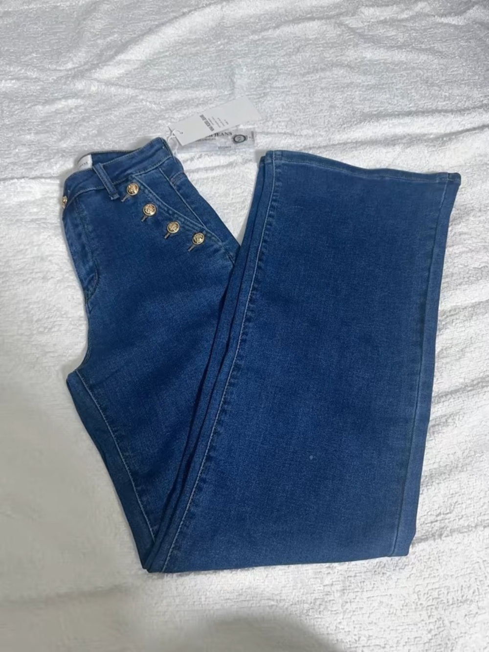High-Rise Dark Blue Women’s super stretch Jeans with Gold Button Detail